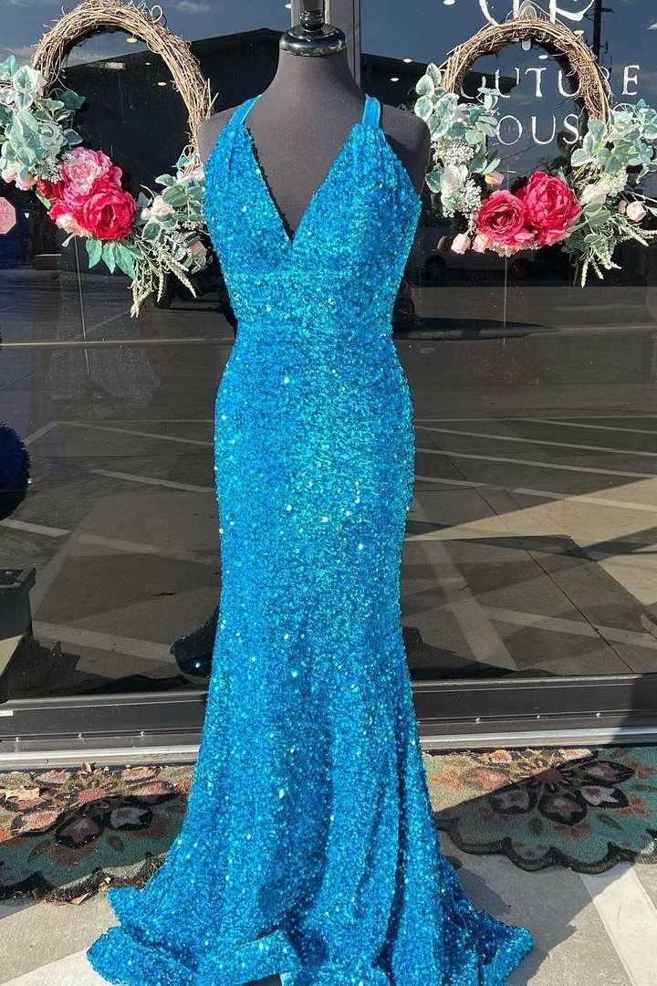 Mermaid Blue Formal Dresses Sequins V Neck Long Prom Dresses Mychicdress