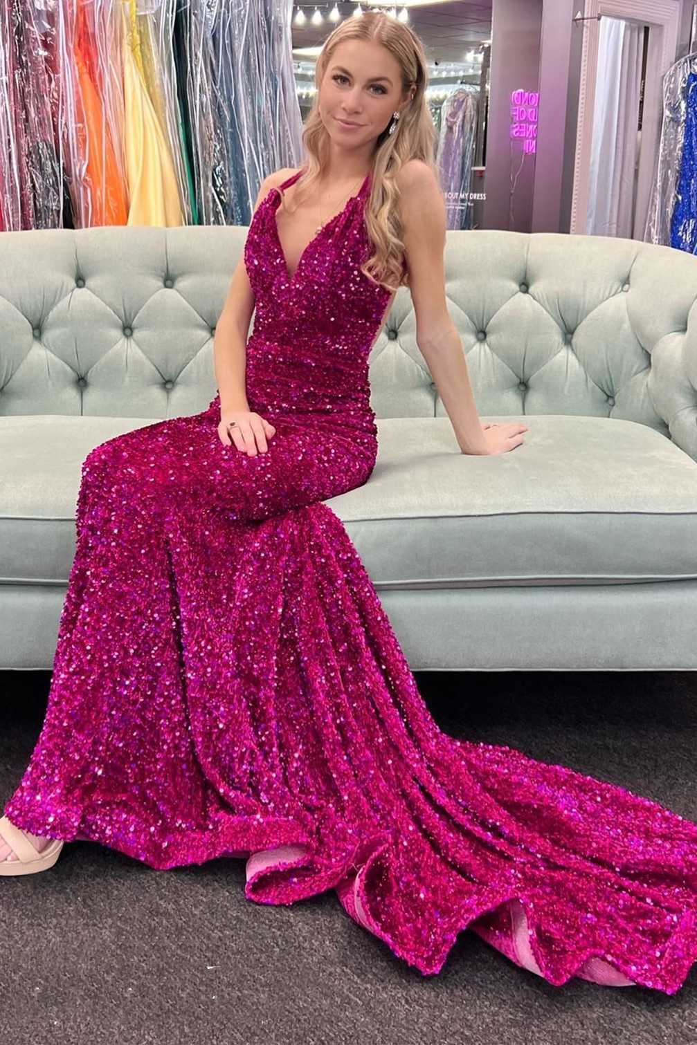 Mermaid Fuchsia Formal Dresses Sequins V Neck Long Prom Dresses Mychicdress