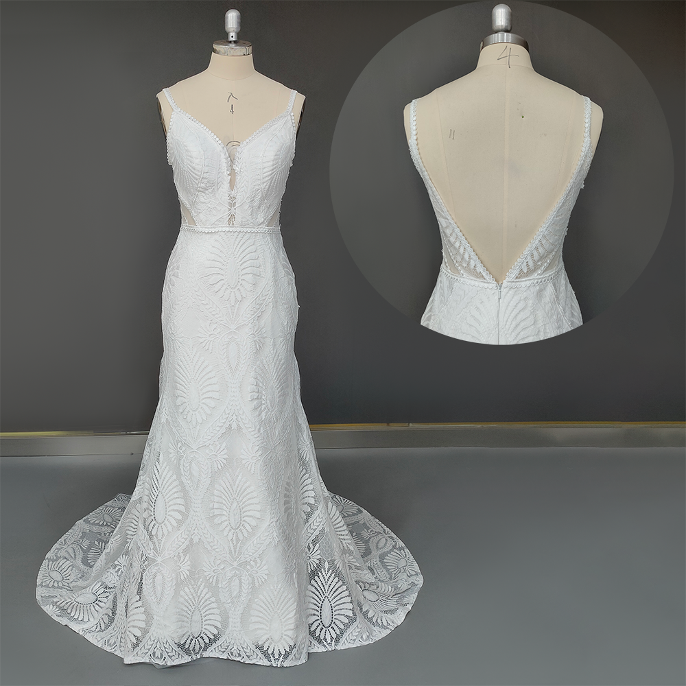 Mermaid Lace Beach Wedding Dress Deep V-Neck Boho Bridal Gown Mychicdress