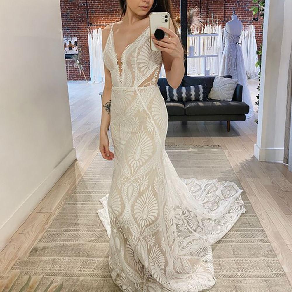 Mermaid Lace Beach Wedding Dress Deep V-Neck Boho Bridal Gown Mychicdress