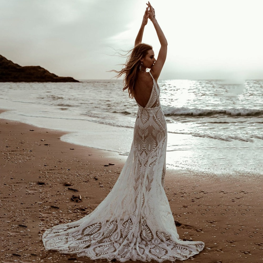 Mermaid Lace Beach Wedding Dress Deep V-Neck Boho Bridal Gown Mychicdress