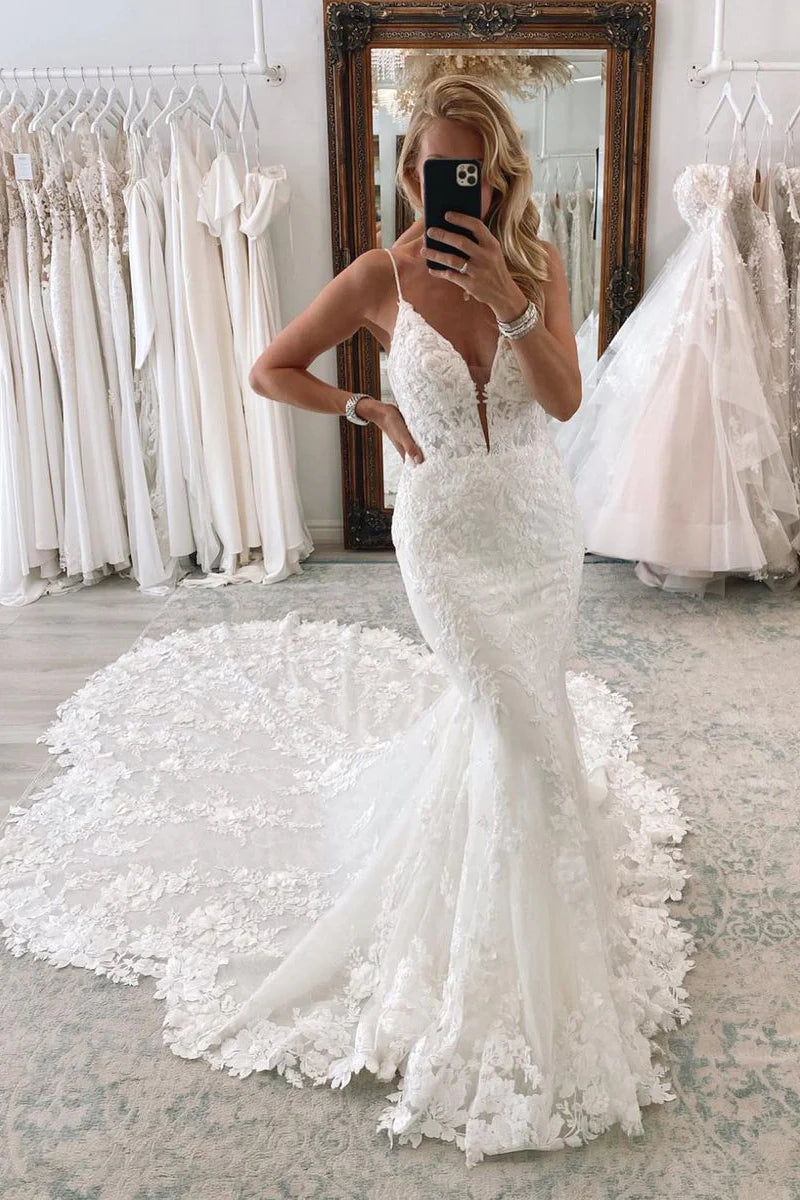 Mermaid Lace Wedding Dress Plunging Deep V Neck Applique Train