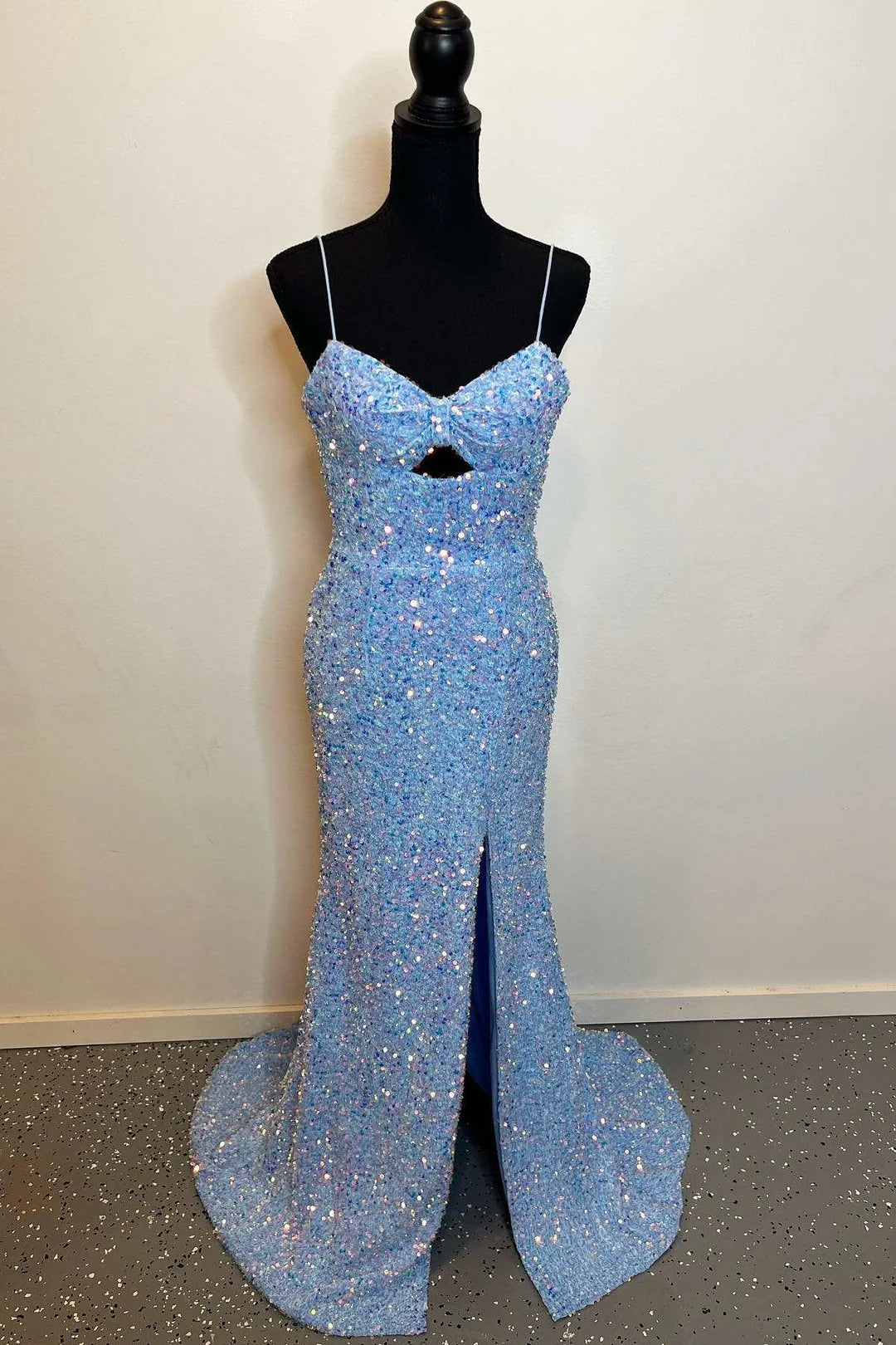 Mermaid Long Sequin Blue Prom Dress with Keyhole Straps Slit Mychicdress