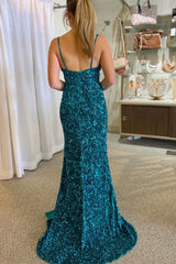 Mermaid Long Sequin Teal Blue Prom Dress with Keyhole Straps Slit Mychicdress