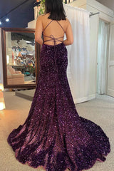 Mermaid Long Straps Purple Sequin 2025 Prom Dress Near Me