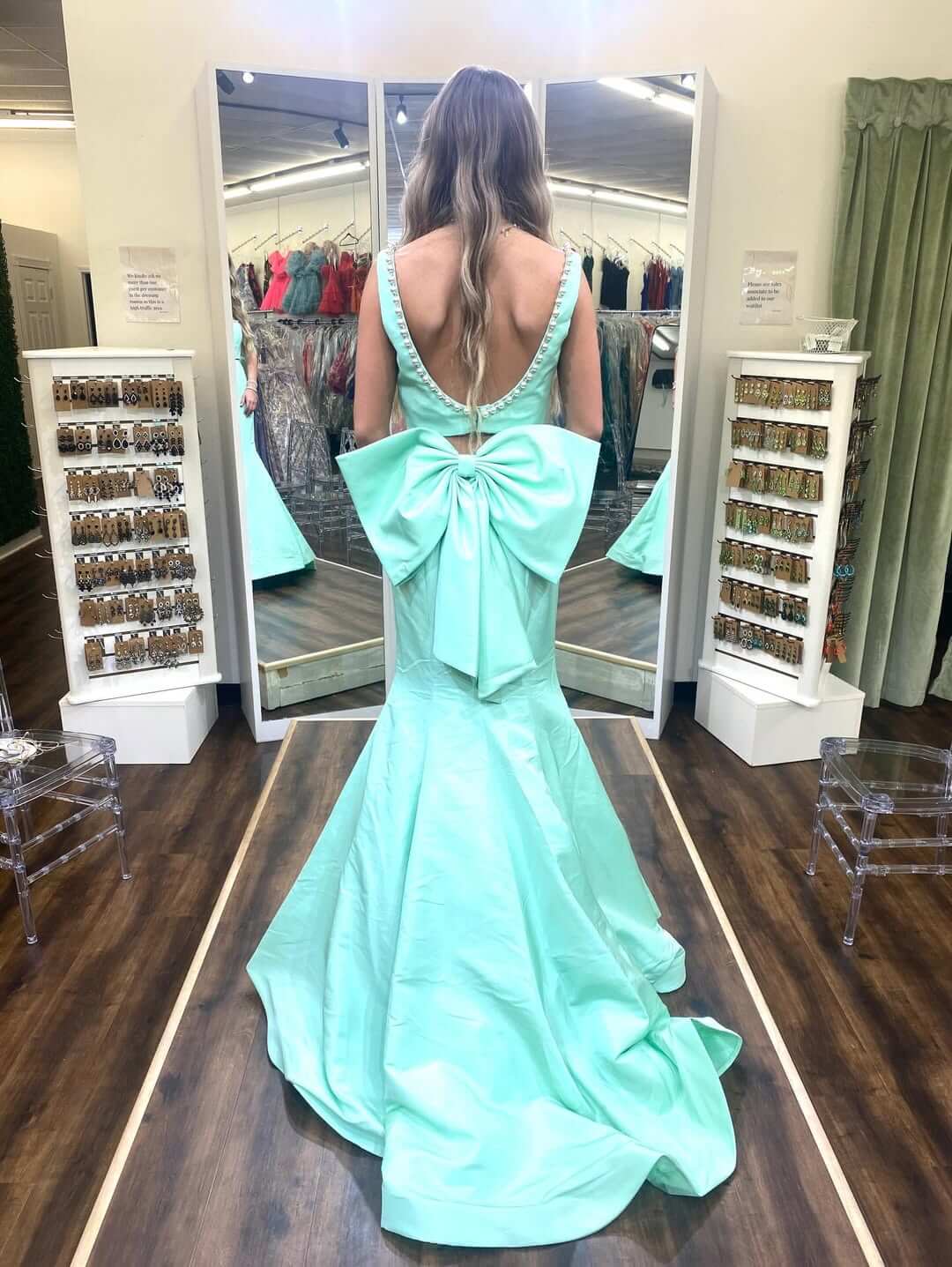 Mermaid Light blue Two-piece Prom Dress Satin Pearls with Bow