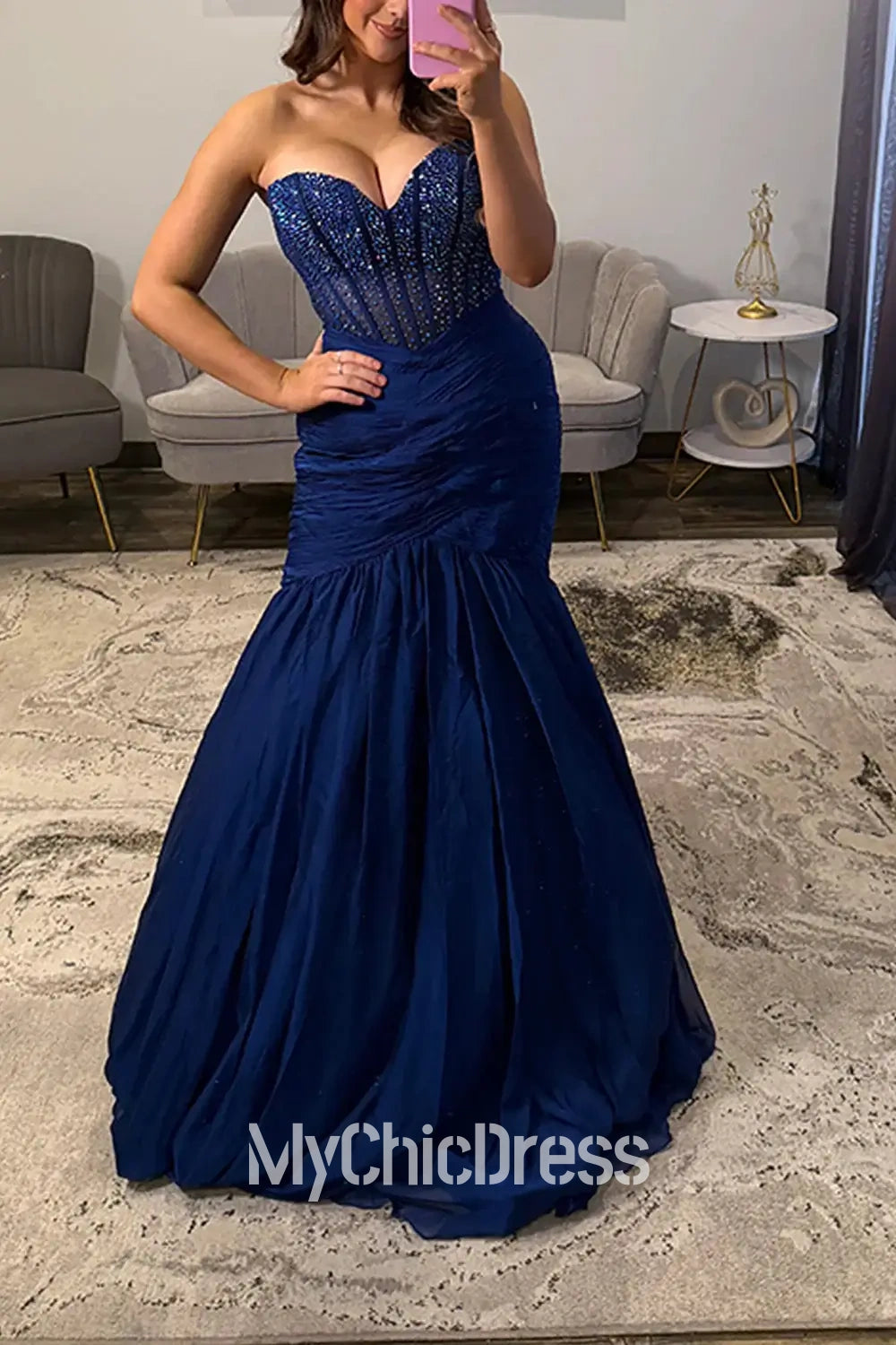 Mermaid Navy Blue Prom Dresses with Beadings Sweetheart