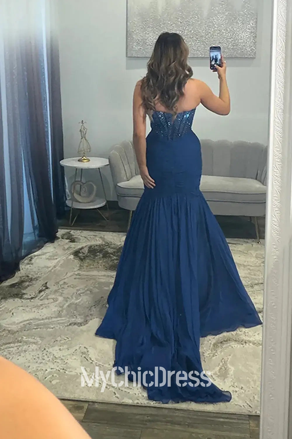 Mermaid Navy Blue Prom Dresses with Beadings Sweetheart