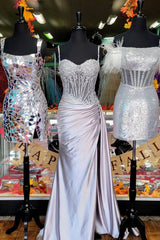 Mermaid Silver Prom Dresses Spaghetti Straps Appliqued With Split