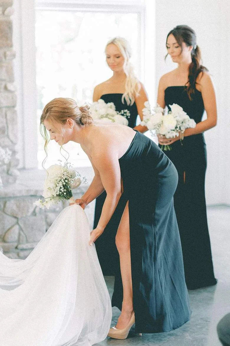 Mermaid Strapless Bridesmaid Dress Black Satin Sleeveless with Slit