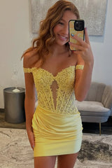 Mermaid Yellow Homecoming Dress Near Me Lace off Shoulder Pleated