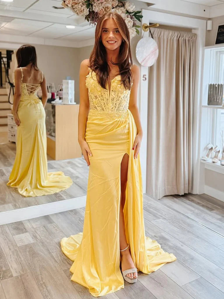 Mermaid Yellow Lace Formal Dress V Neck Long Evening Dresses