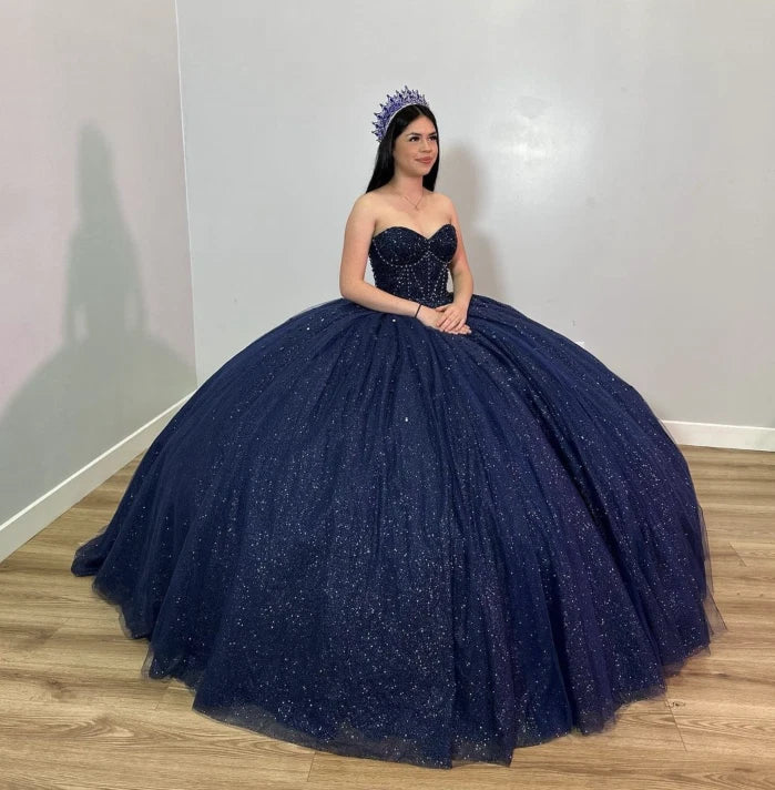 Metallic Ball Gown Navy Blue Quinceanera Dresses Strapless Beaded