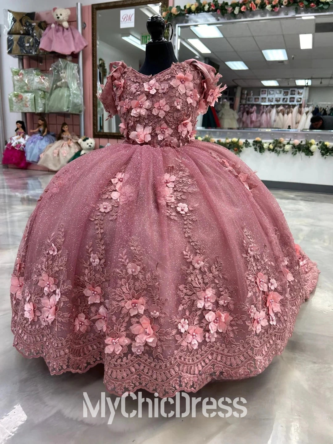 Mini Dusty Pink Quinceanera Dresses Flowers off the Shoulder with Bow Mychicdress