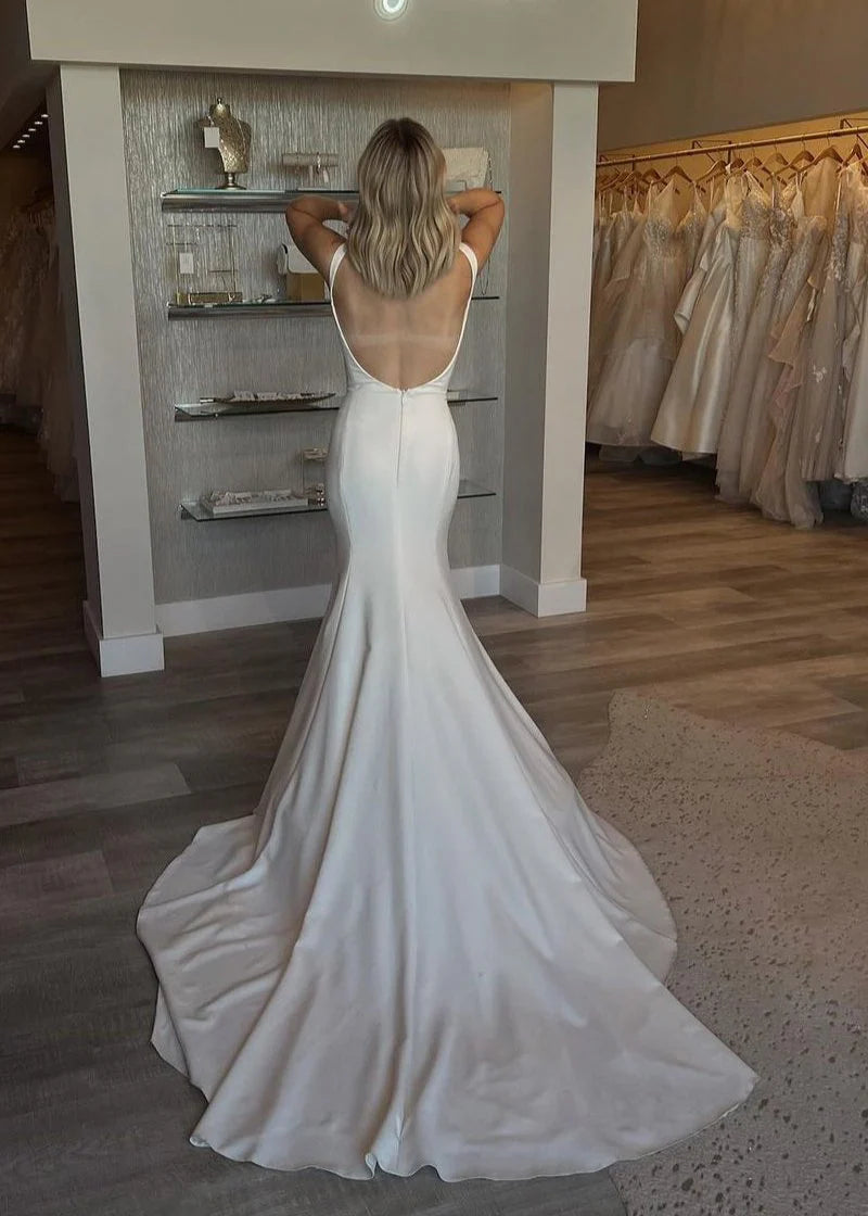 Minimalist Satin Wedding Dresses Backless Mermaid Scoop Neck