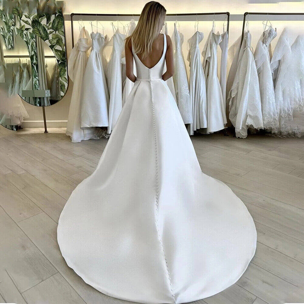 Minimalist Square Neck Wedding Dresses Satin with Side Split