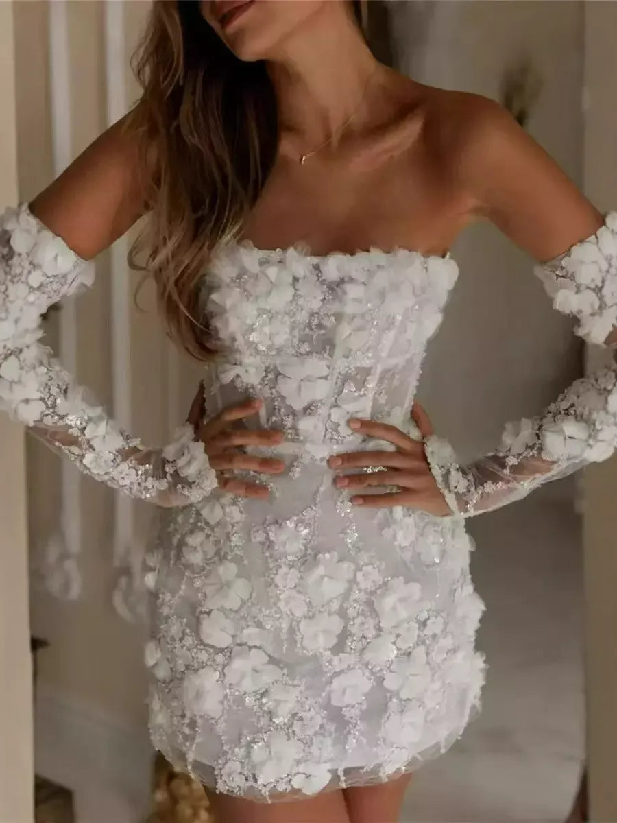 Modern Short Wedding Dress Flower Lace Bridal Mini Dress beaded