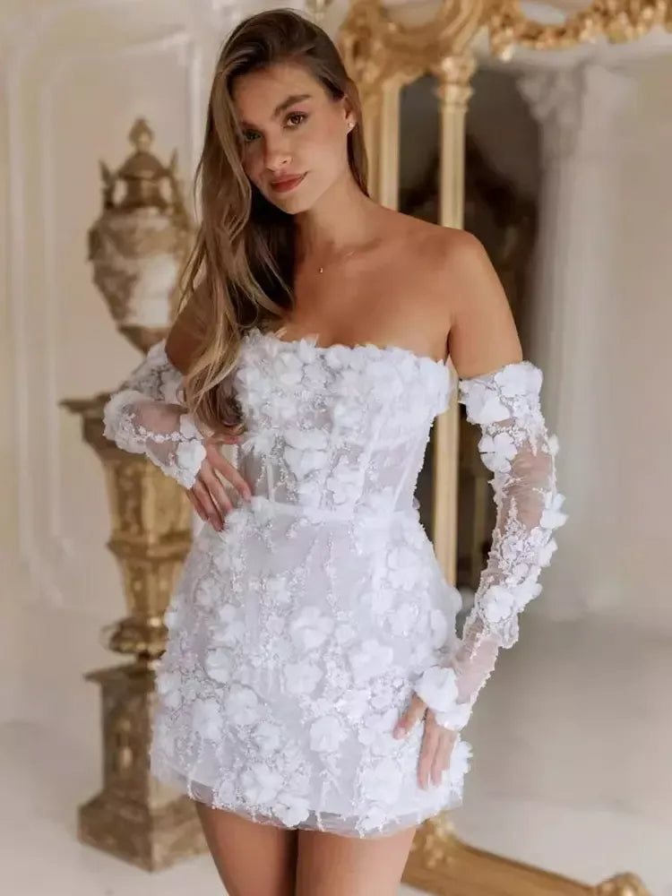 white off-shoulder lace dress with long sleeves