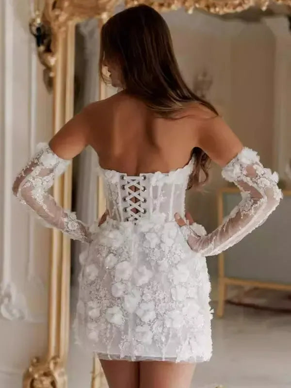 Modern Short Wedding Dress Flower Lace Bridal Mini Dress beaded