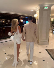 Modern Short Wedding Dress White Satin Square Neck with Sash Back Mychicdress