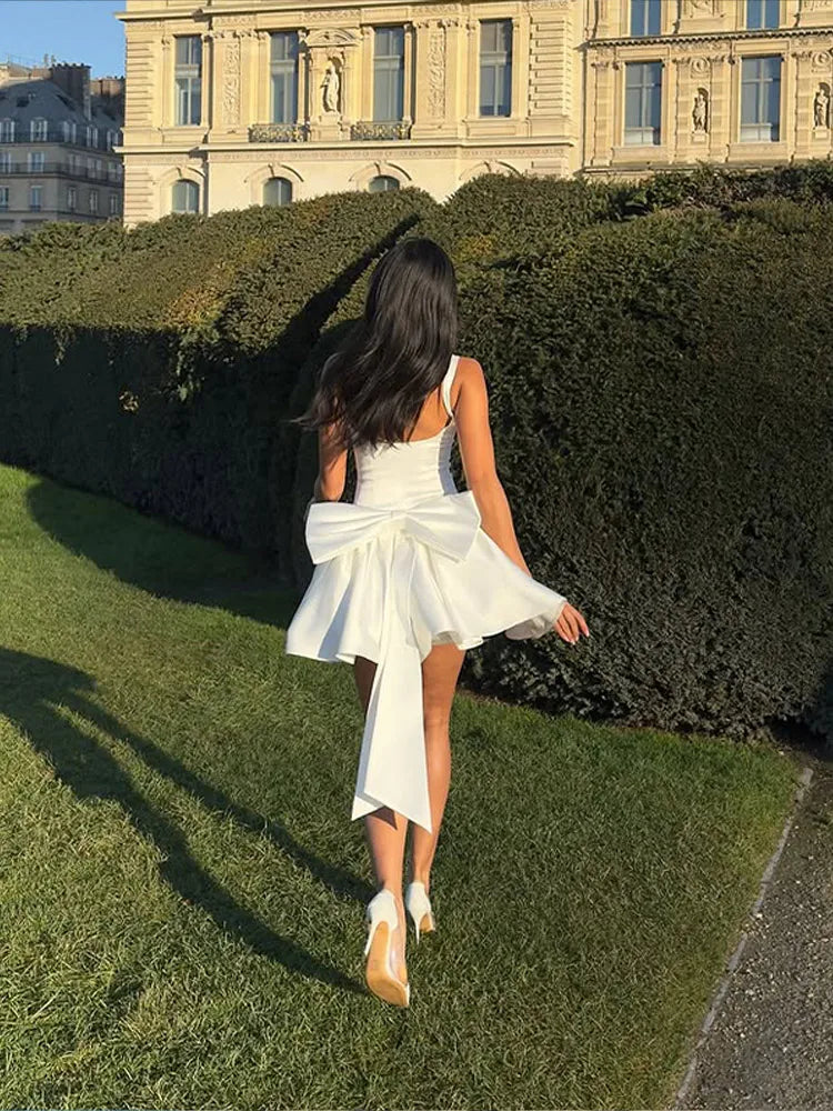 Mychic White Short Wedding Dress Mini Skirt Pleated with Bow