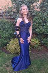 Navy Blue Corset Pleated Prom Dress Appliques with Flowers