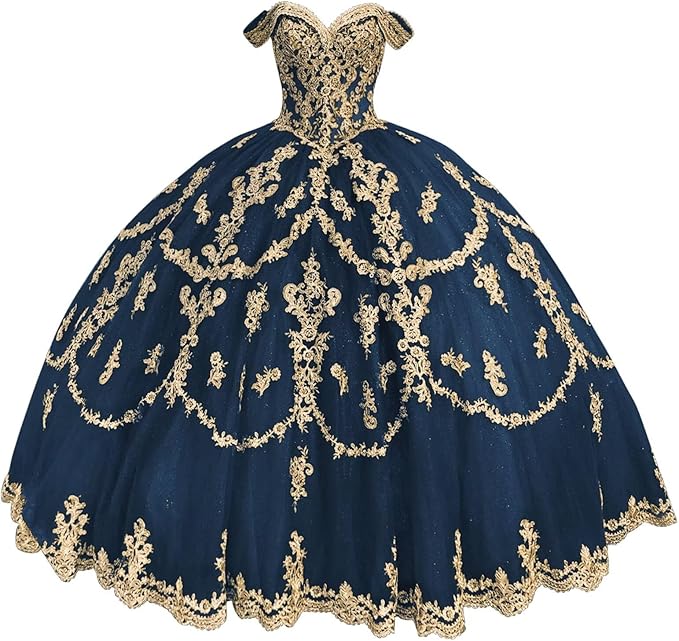 navy blue Sweet 16 Dress Tulle Lace gold Quince Dress Vestidos de 15 Años Off Shoulder Mychicdress