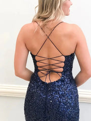Navy Blue Sequin Prom Dresses Mermaid Long Formal Party Dresses Cross Back Mychicdress