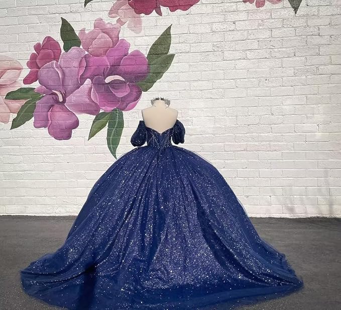 Navy Blue Sweetheart Quinceanera Dress Beaded with Puffy Sleeve