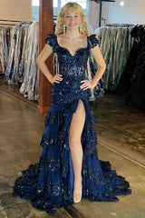 A Line navy blue Prom Dresses Tiered Sequins Off the shoulder