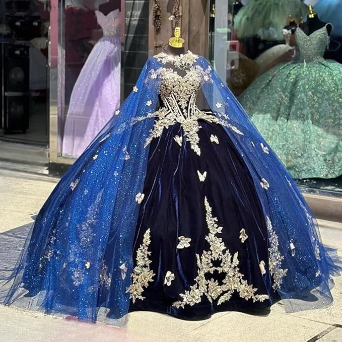Navy Blue Velvet Quinceanera Dresses Gold Butterfly with Cape Mychicdress