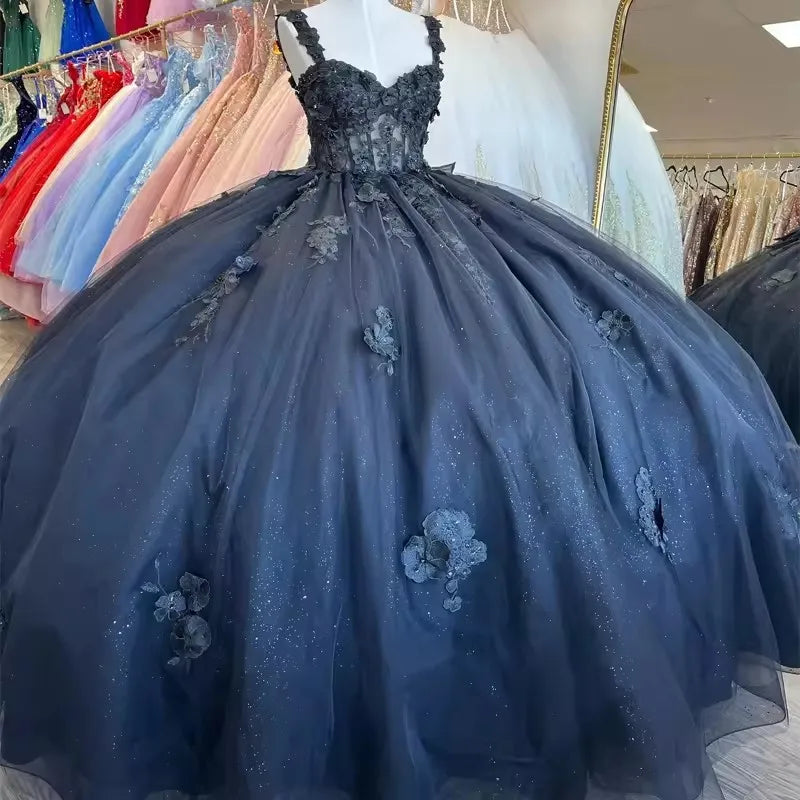 navy blue Vestidos De 15 Anos Flower Lace Quinceanera Dress With Bow