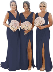 Long V-Neck Chiffon navy blue Bridesmaid Dresses Sleeveless Side-Slit