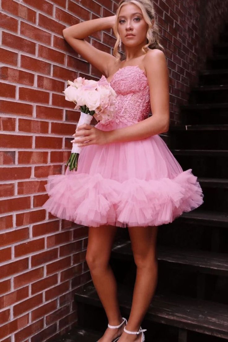 New A Line Lace Pink Homecoming Dresses with Ruffles Sweetheart