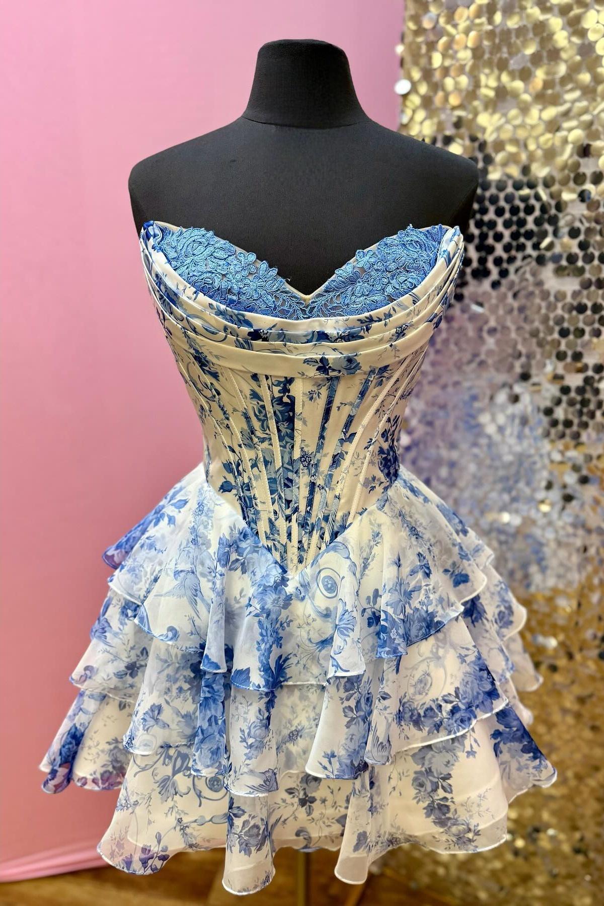 New Design Floral Print Corset Homecoming Dress Royal Blue Short Ruffle Mychicdress