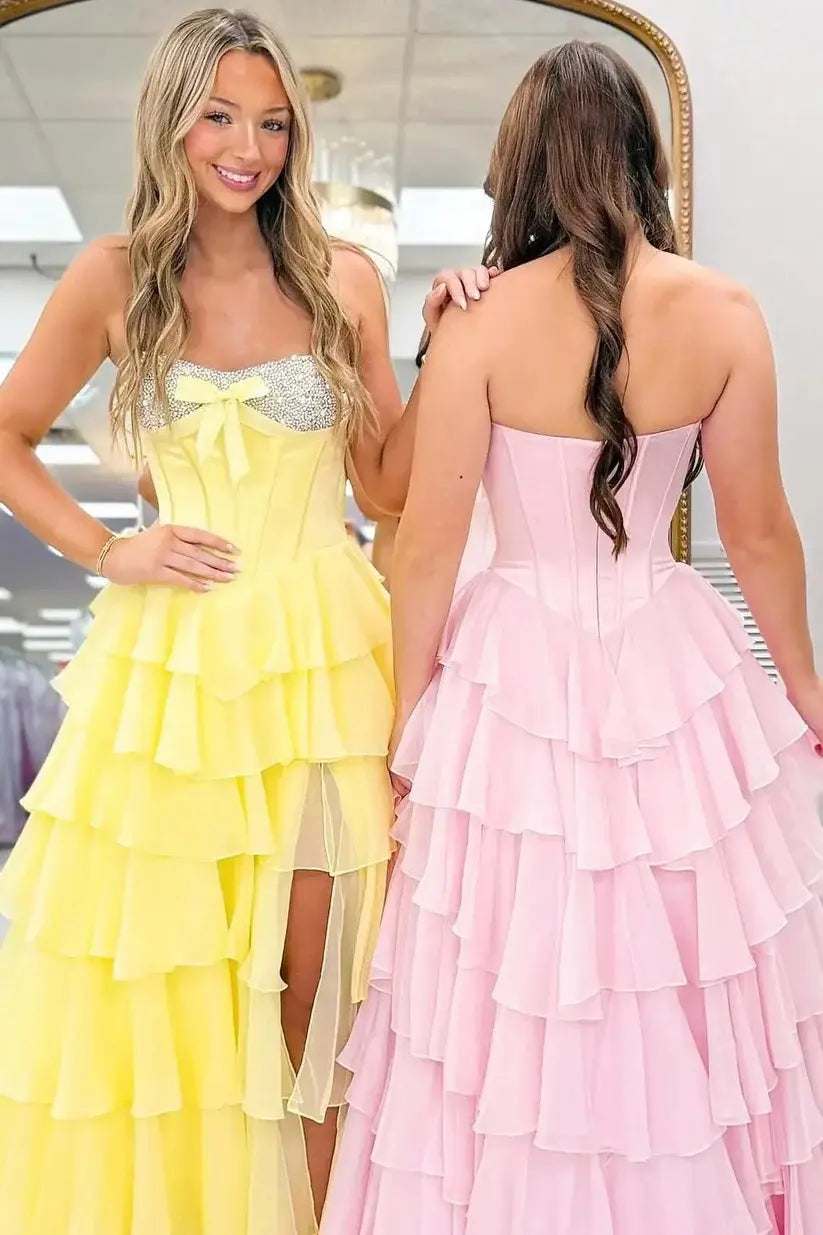 New Ruffles Corset Prom Dresses Sweetheart Chiffon Rhinestone