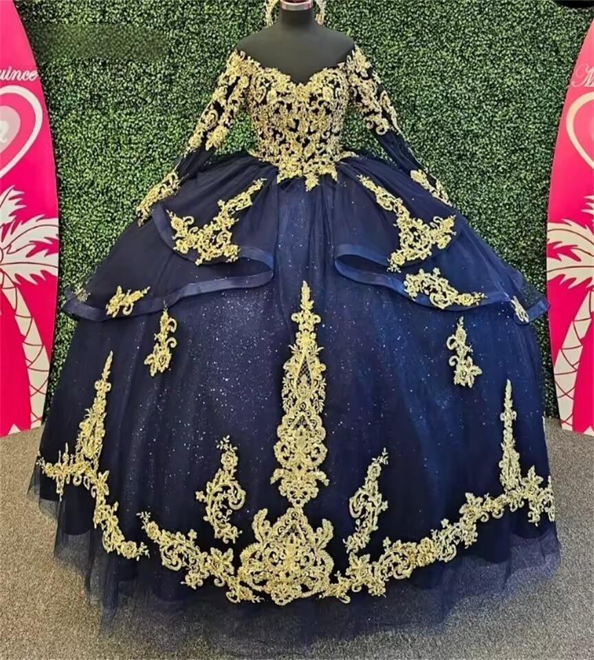 Navy blue gown with gold embroidery Quinceanera Dress With Appliques