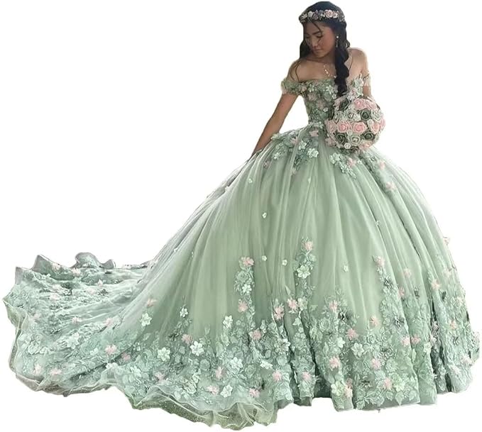 Off Shoulder 3D Floral Quinceanera Dresses Lace Puffy Sweet 16 Dress with Train