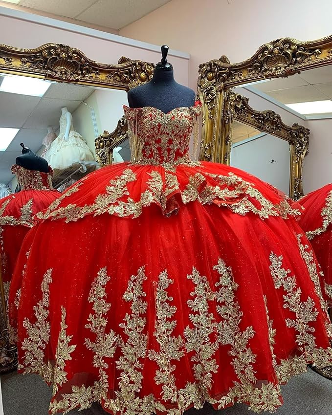 Off Shoulder Ball Gown Red Quinceanera Dress With Gold Lace Embellishment Mychicdress
