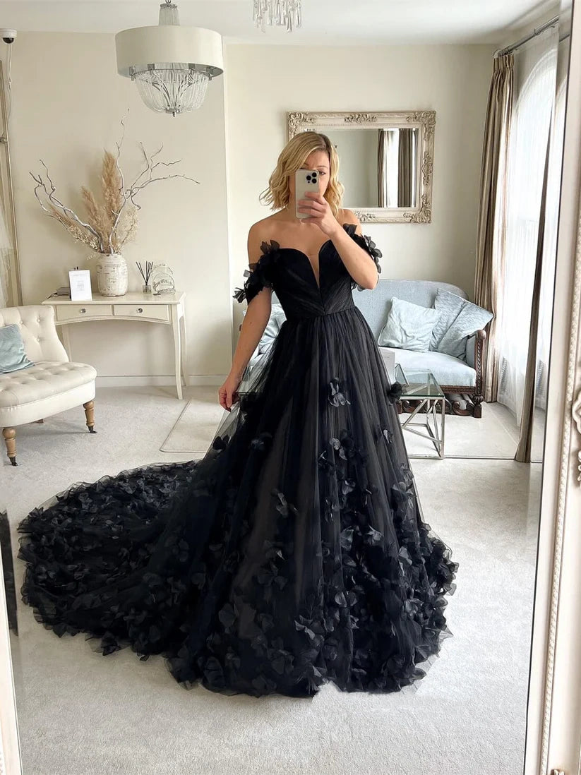 Off Shoulder Black Gothic Wedding Dress with 3D Flowers Court Train Mychicdress