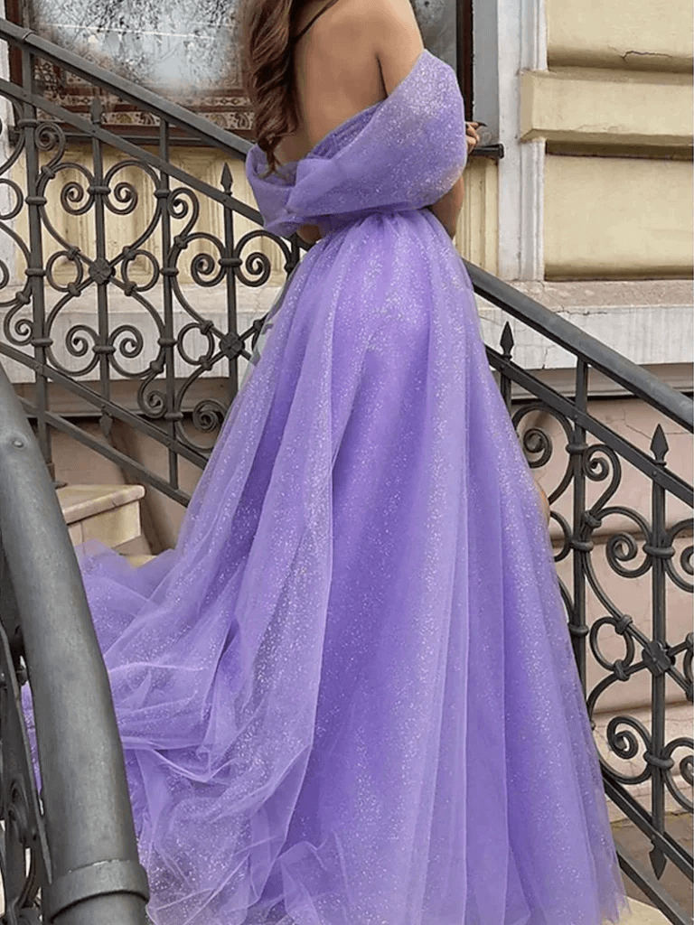 Off Shoulder Formal Dress Purple Sequin Tulle Prom Dress UK Mychicdress