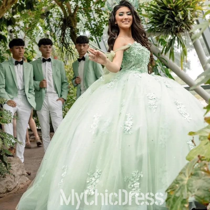 Off Shoulder Lace Sage Green Quinceanera Dress Near Me Mychicdress