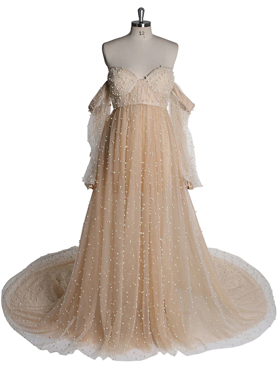Off Shoulder Pearls Maternity Dress with Sleeves Photoshoot Dresses for Ladies