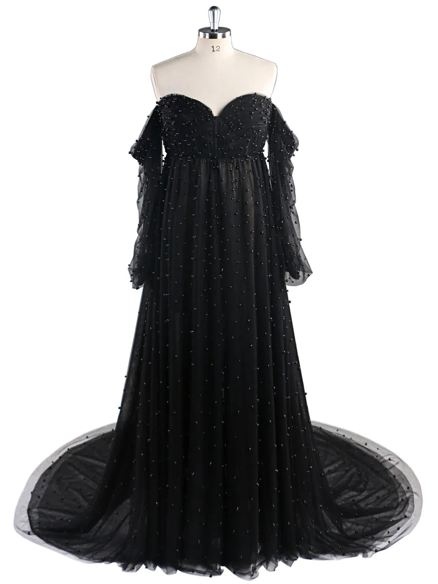 black Pearls Maternity Dress with Sleeves Photoshoot Dresses for Ladies Mychicdress
