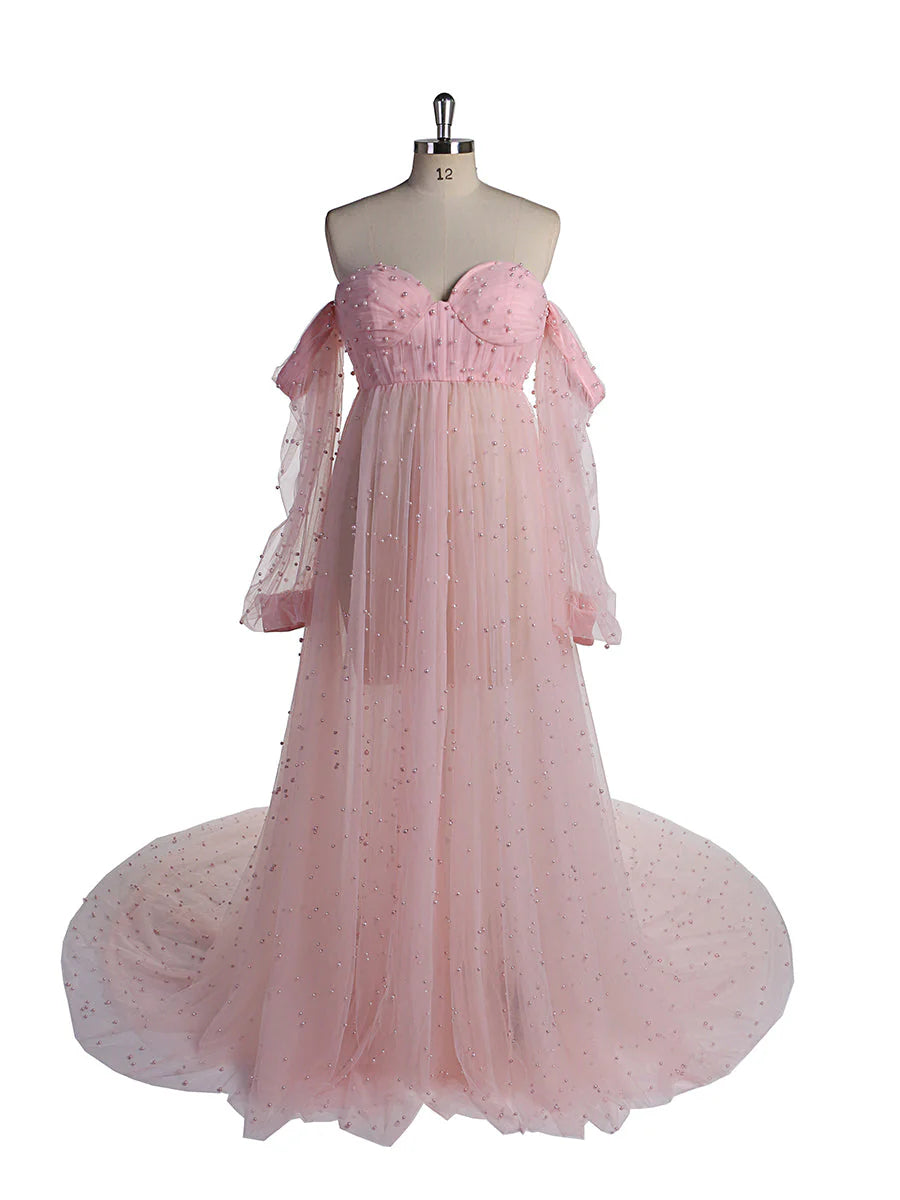 pink Pearls Maternity Dress with Sleeves Photoshoot Dresses for Ladies Mychicdress