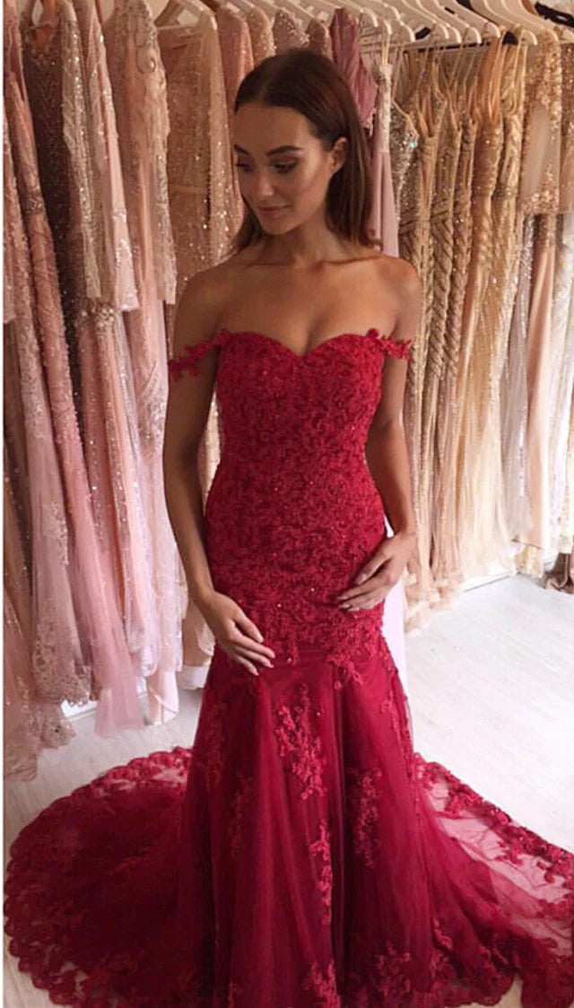 Off-Shoulder Red Evening Dress Uk Mermaid Lace Prom Dress UK Mychicdress