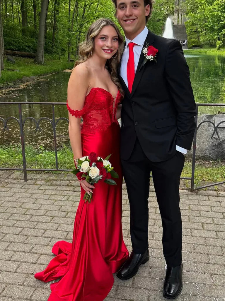 Off Shoulder Red Formal Dress Lace Mermaid Satin Prom Dresses Mychicdress