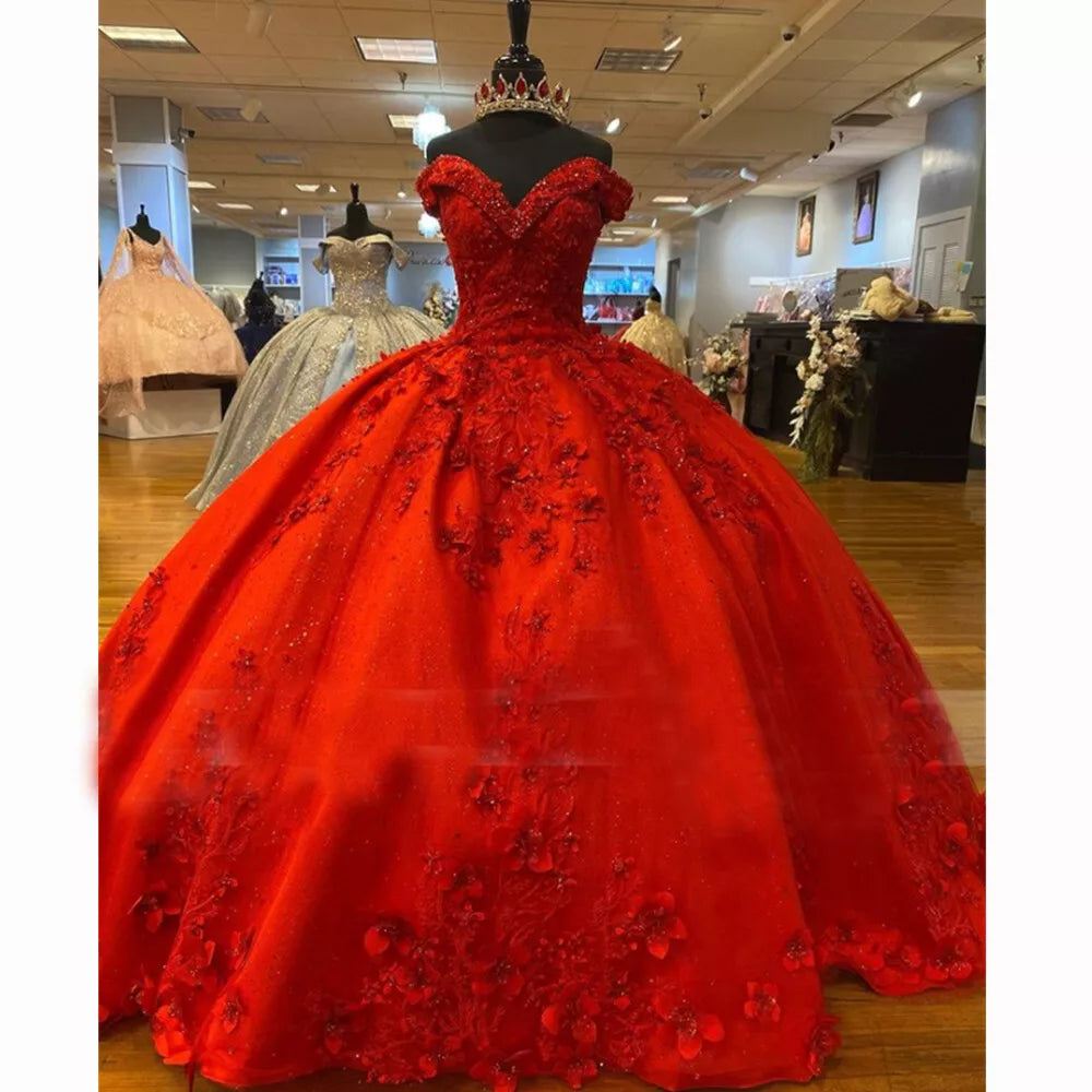Cheap Off Shoulder Red Sweet 16 Quinceanera Dresses with Lace Applique Mychicdress