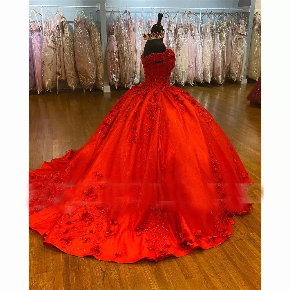 Cheap Off Shoulder Red Sweet 16 Quinceanera Dresses with Lace Applique Mychicdress