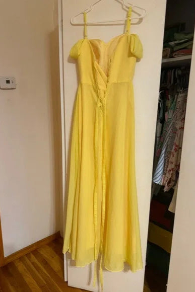 Off the Shoulder Chiffon Yellow Bridesmaid Wedding Maxi Dress with Slit